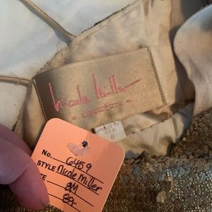 Gold and nude Nicole Miller Signature cowl neck cocktail dress.